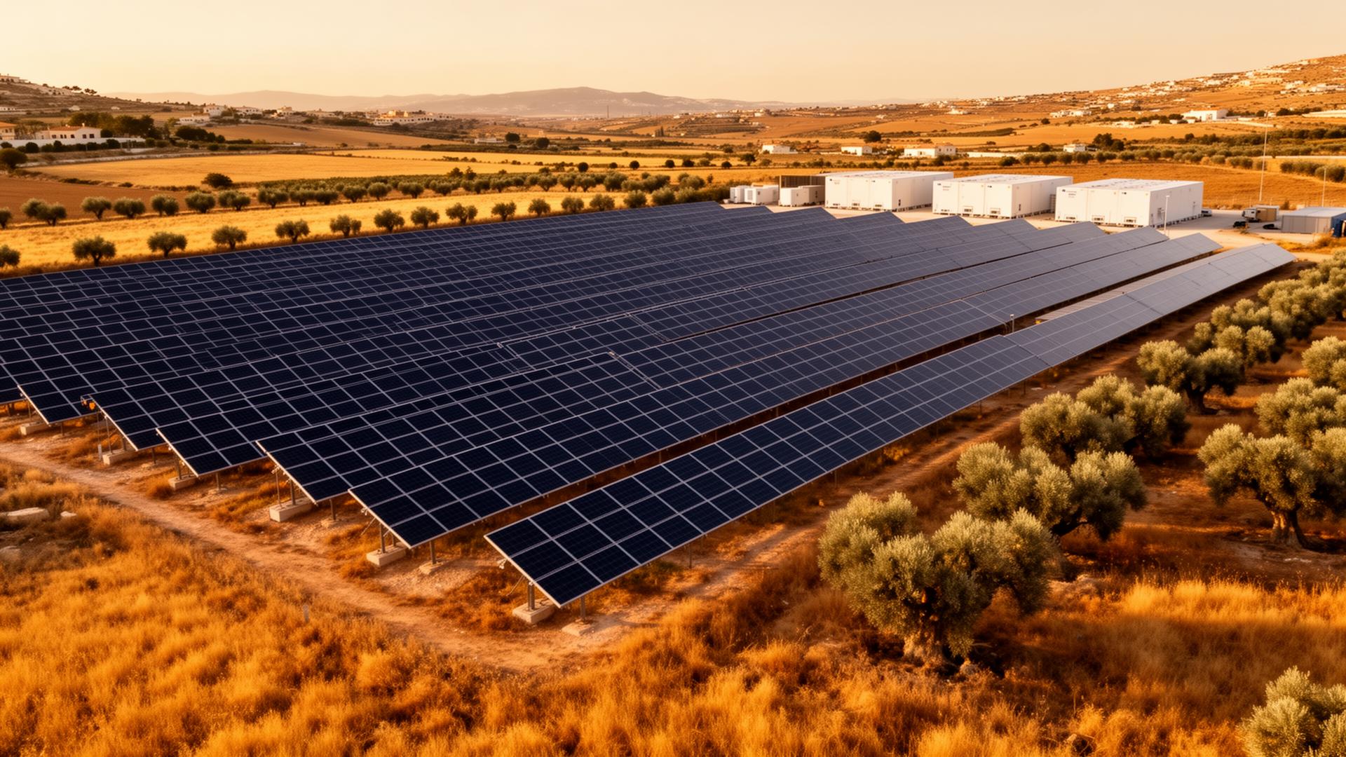Solar park with battery storage in Mediterranean landscape